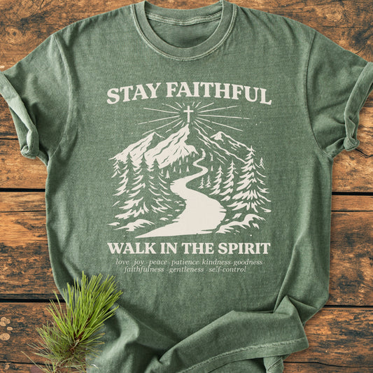 Stay Faithful - Vintage Heavyweight Tee featuring a mountain path graphic with virtues listed beneath, laid on wood. Offers a cozy fit with durable stitching, ideal for everyday wear.
