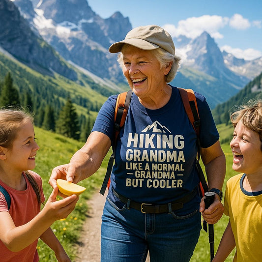 Older woman hiking, wearing the Hiking Grandma T-Shirt, smiles while giving fruit to a child, showcasing the tee's comfort and outdoor-ready design.