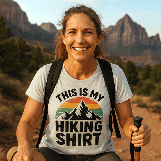 Close-up of a woman smiling while wearing the This Is My Hiking Shirt T-Shirt, showcasing its soft, lightweight design suitable for outdoor adventures.