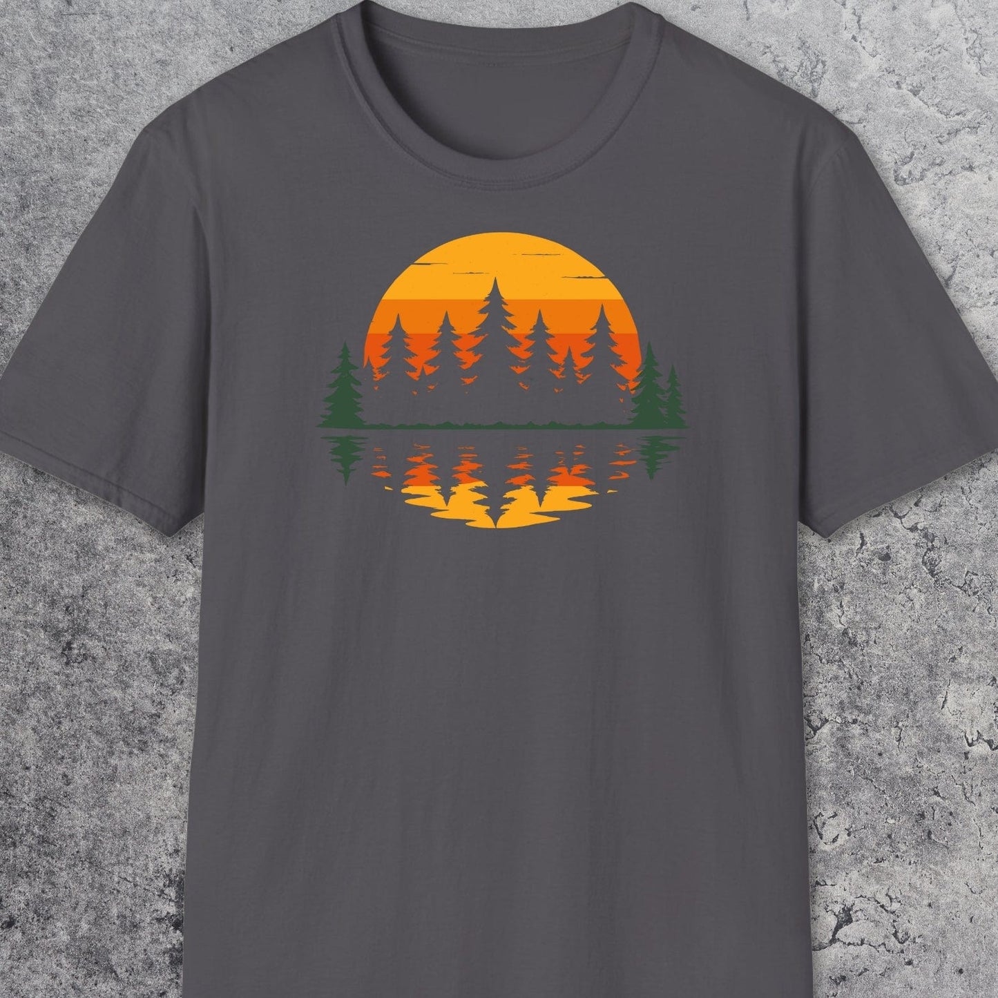 Retro Sunset Pines T-Shirt featuring a nature scene with sun, pine trees, and birds. Made from soft ring-spun cotton, pre-shrunk, and sustainably printed.