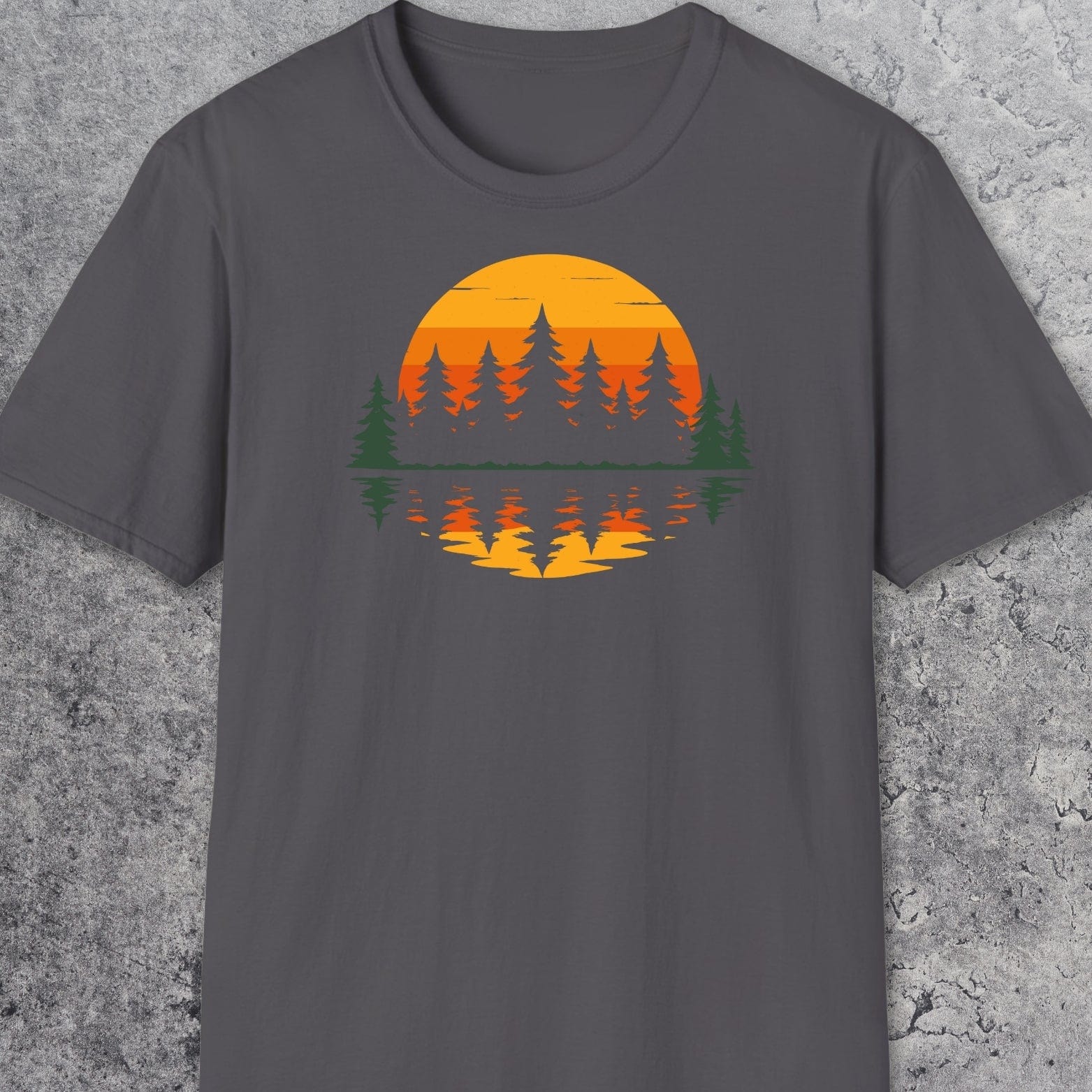 Retro Sunset Pines T-Shirt featuring a nature scene with sun, pine trees, and birds. Made from soft ring-spun cotton, pre-shrunk, and sustainably printed.