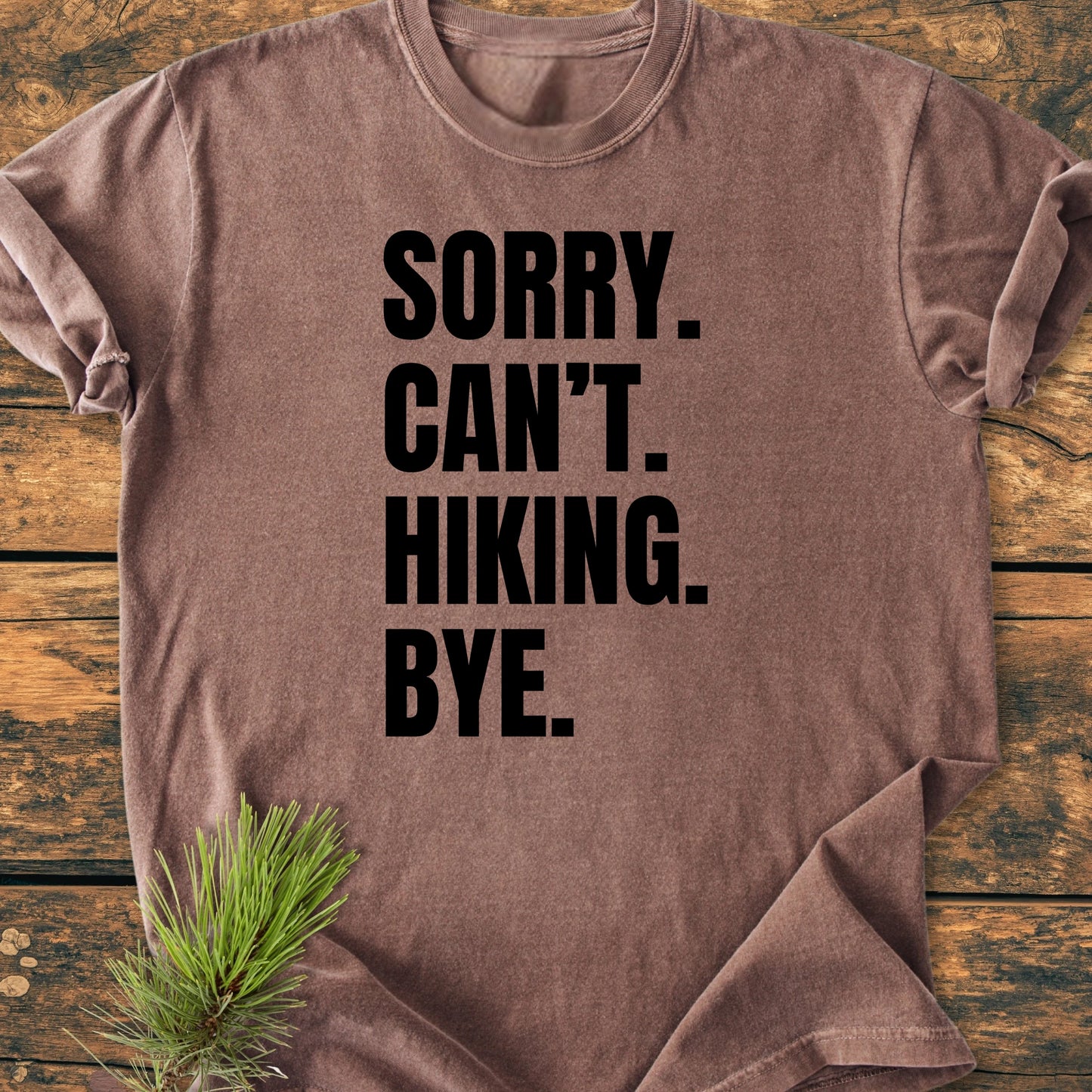 Brown short-sleeve T-shirt with SORRY. CAN’T. HIKING. BYE. in bold black text, laid flat with a pine sprig at the bottom, conveying a vintage, relaxed style.