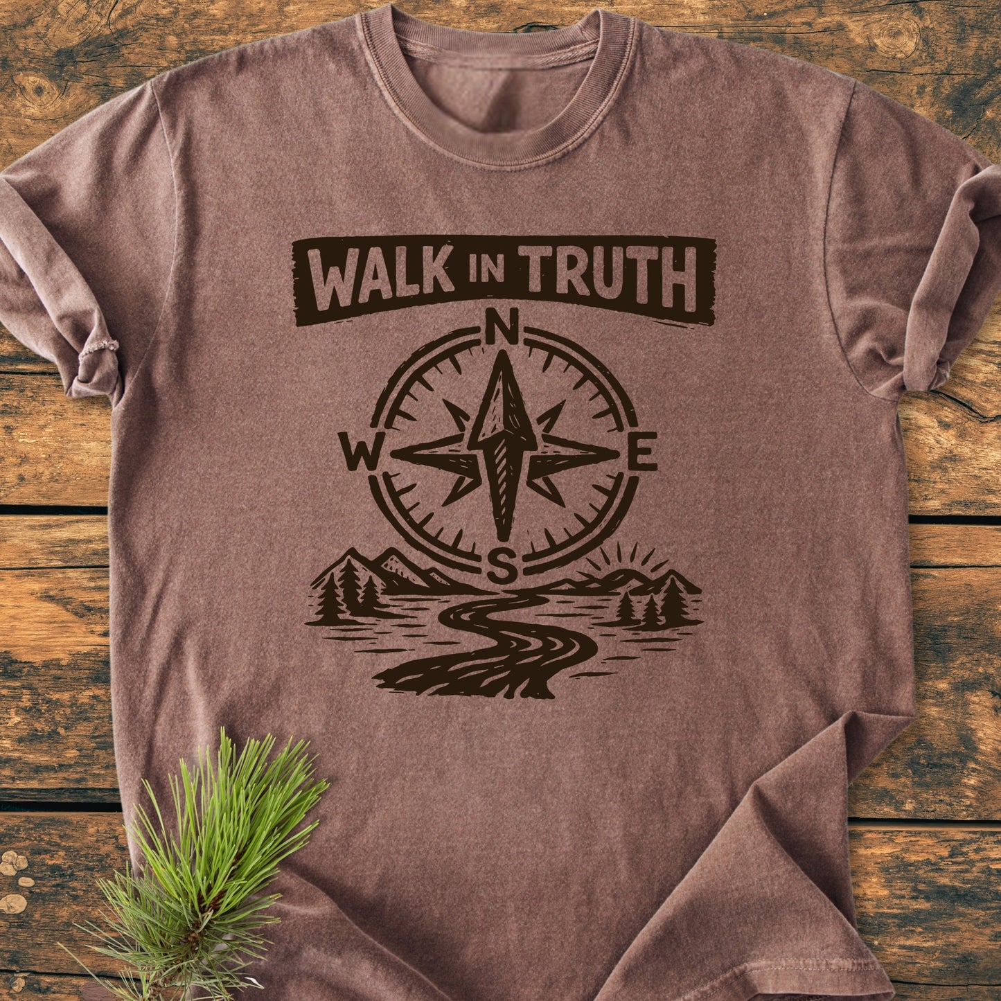 Walk In Truth 3 John 1,4 - Vintage Wash Tee features a compass and mountain graphic on a heather-brown T-shirt, evoking rustic outdoor inspiration with its unique design and comfortable, relaxed fit.