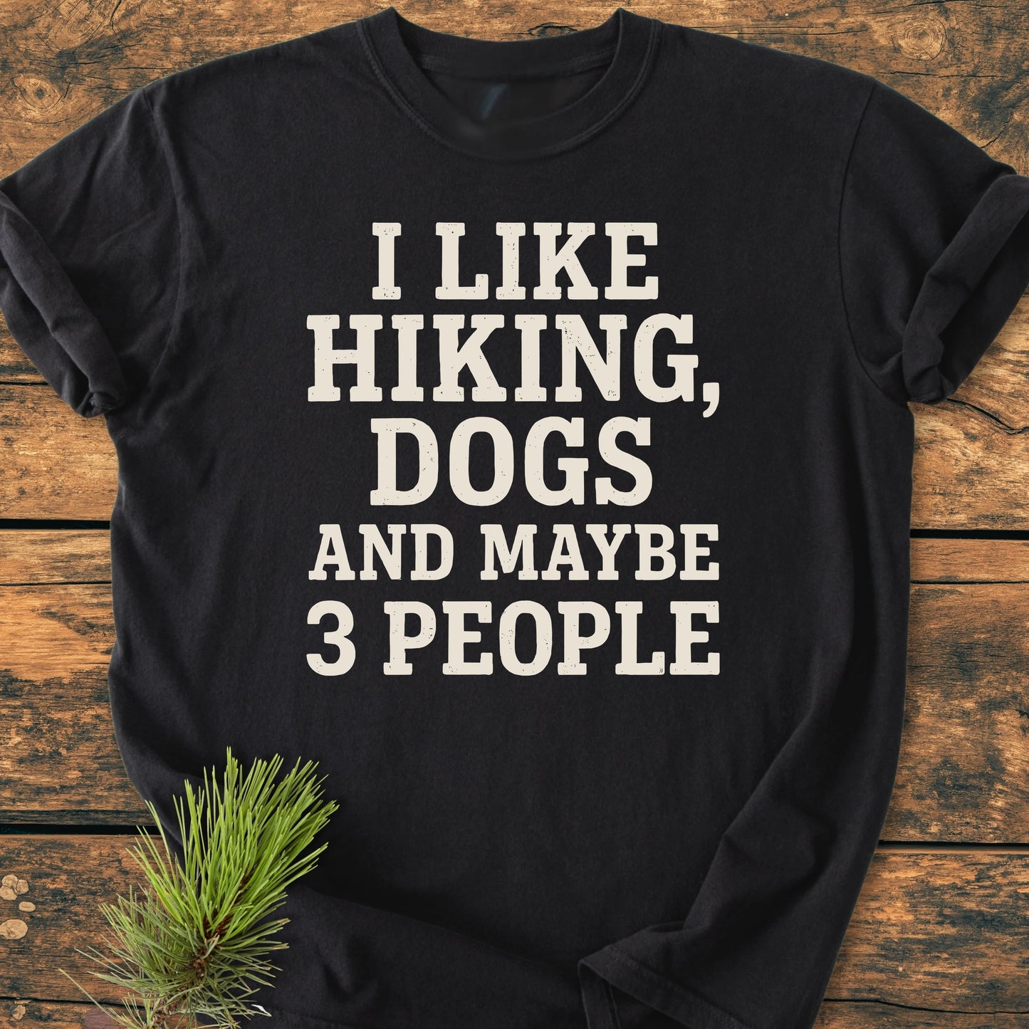 Black T-shirt, 1431 I Like Hiking And Dogs, featuring bold white text, laid flat on wood with a pine branch accent. Soft vintage wash, unisex relaxed fit, perfect for outdoor enthusiasts.