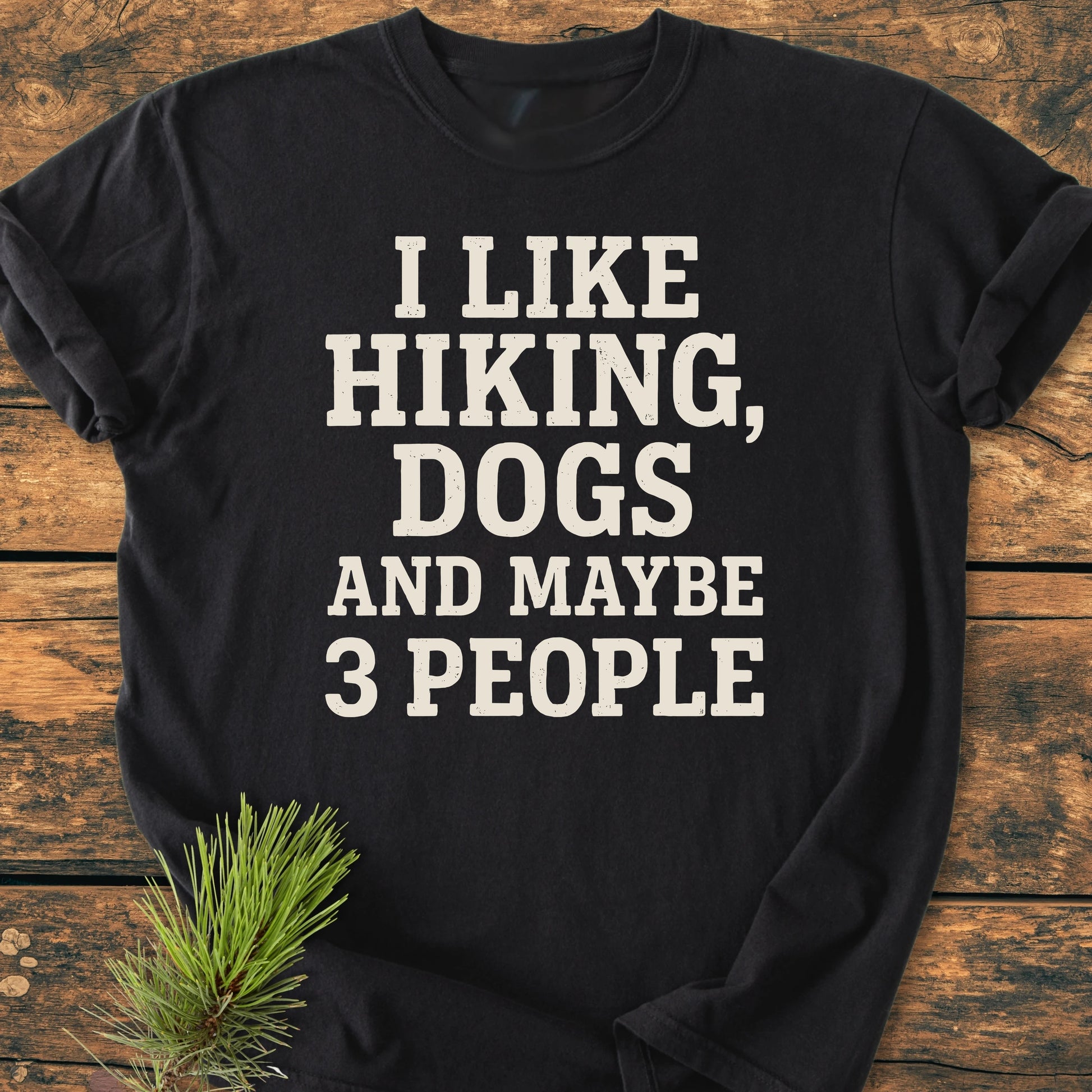Black T-shirt, 1431 I Like Hiking And Dogs, featuring bold white text, laid flat on wood with a pine branch accent. Soft vintage wash, unisex relaxed fit, perfect for outdoor enthusiasts.