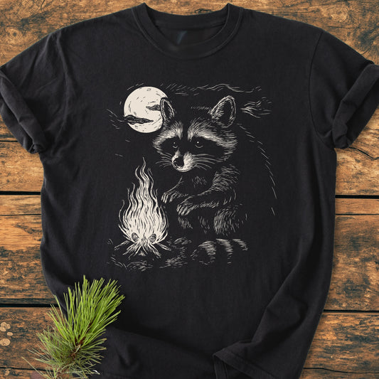 1409 Moonlit Campfire Raccoon Base T-shirt features a raccoon by a campfire under a moon, laid on a rustic surface with a pine sprig beside it, highlighting its cozy, durable design.
