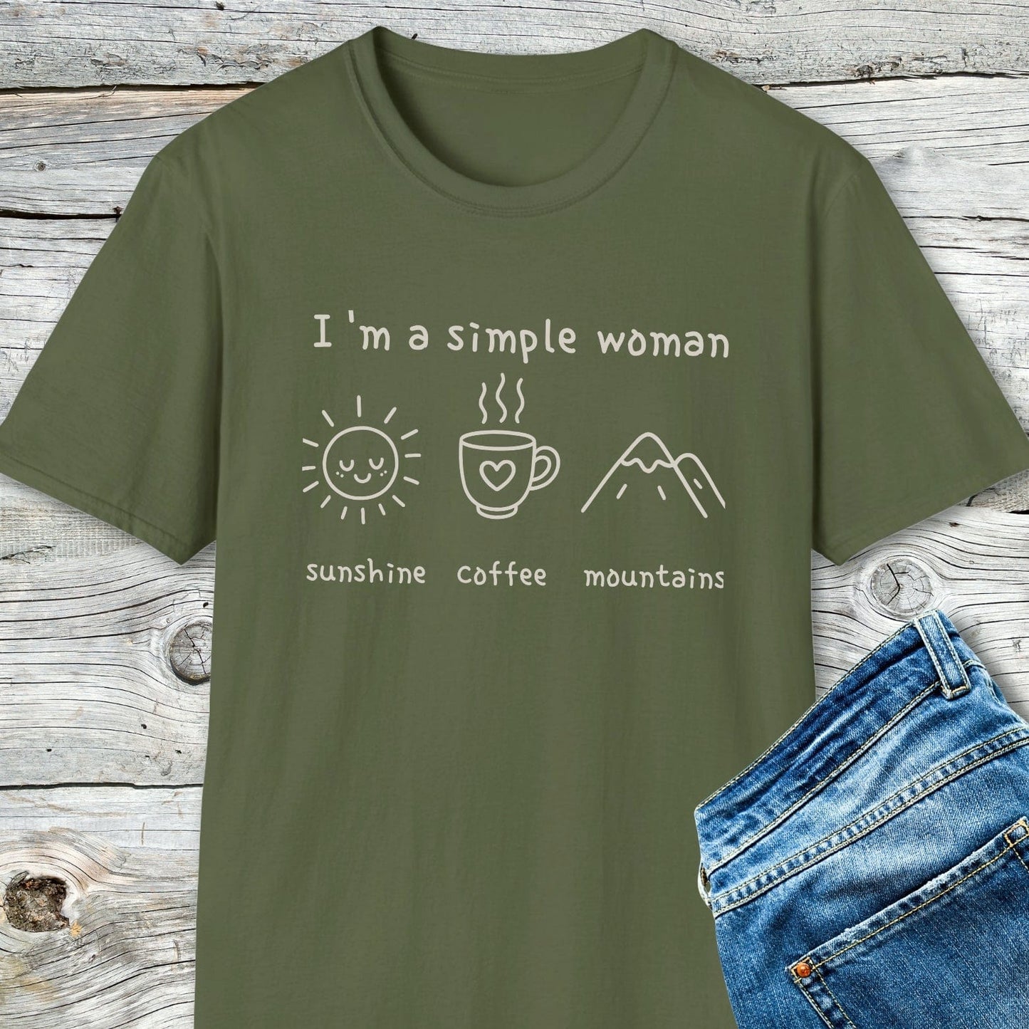 I'm A Simple Woman - Sunshine Coffee Mountains T-Shirt, featuring white print icons of sun, coffee, mountains. Soft cotton, unisex fit, perfect for casual comfort.