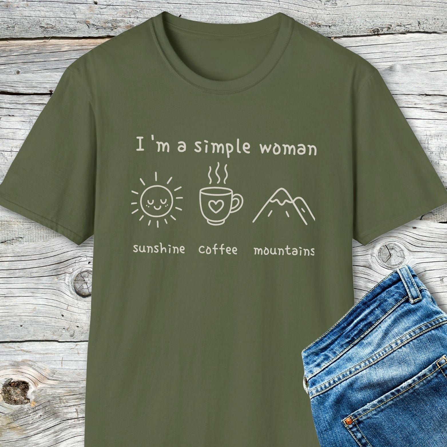 I'm A Simple Woman - Sunshine Coffee Mountains T-Shirt, featuring white print icons of sun, coffee, mountains. Soft cotton, unisex fit, perfect for casual comfort.