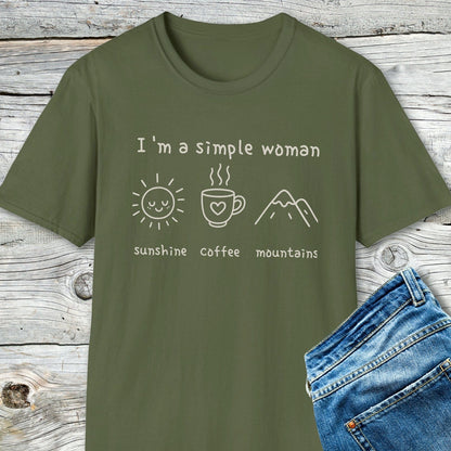 I'm A Simple Woman - Sunshine Coffee Mountains T-Shirt, featuring white print icons of sun, coffee, mountains. Soft cotton, unisex fit, perfect for casual comfort.