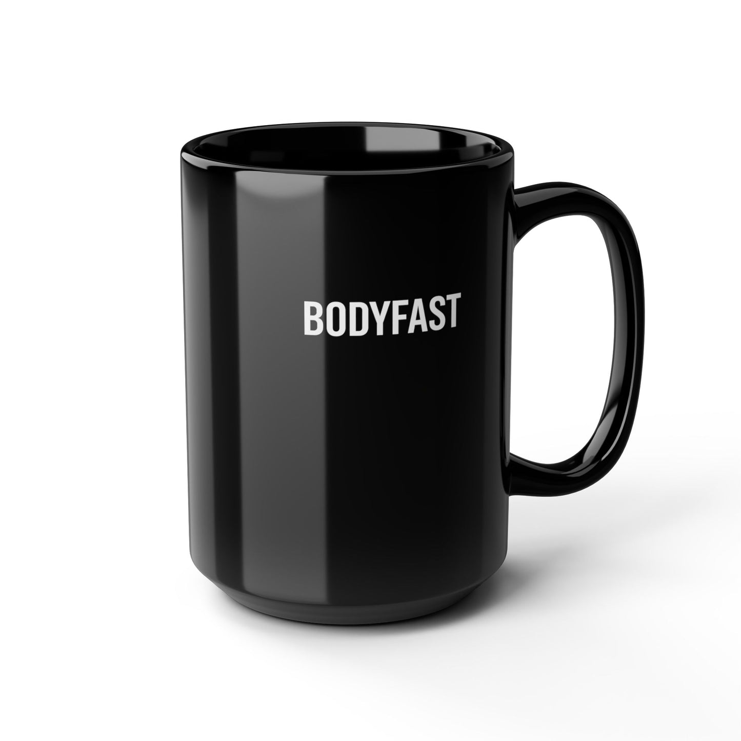 BODYFAST Ceramic Mug featuring a glossy black finish with white lettering, classic cylindrical shape, and rounded handle. Ideal for coffee lovers, it's available in 11oz and 15oz sizes, microwave and dishwasher safe.
