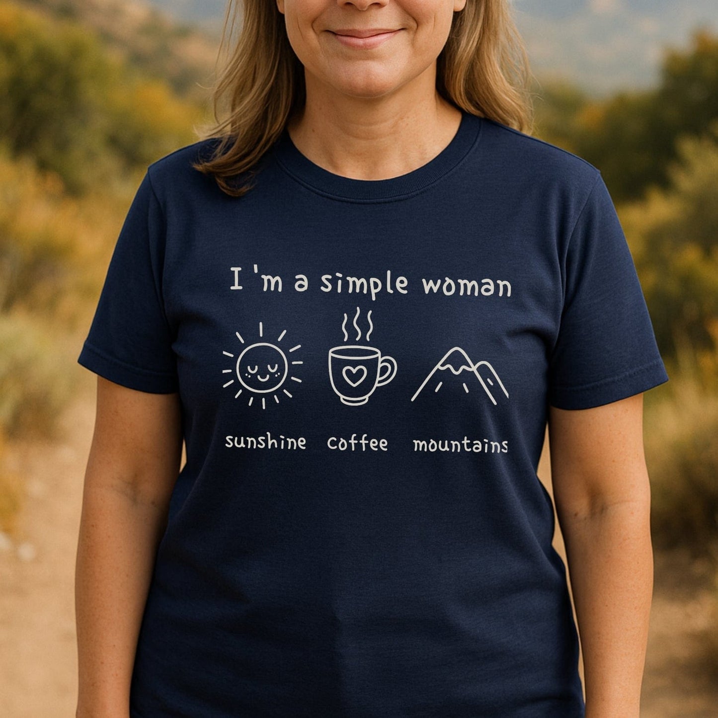 I'm A Simple Woman - Sunshine Coffee Mountains T-Shirt, featuring icons of a sun, coffee mug, and mountains, perfect for casual, everyday adventures.