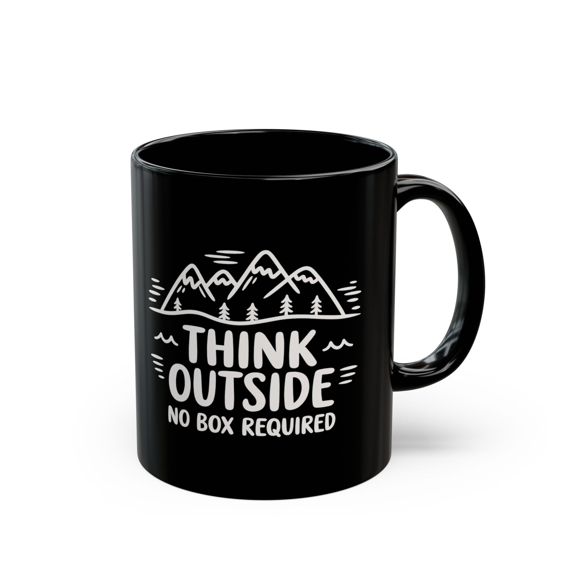 Think Outside Ceramic Mug features a black ceramic body with white line-art mountains and trees, THINK OUTSIDE slogan, and NO BOX REQUIRED text. Available in 11oz and 15oz sizes, microwave and dishwasher safe.