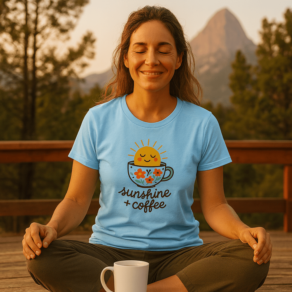 Person meditating on deck in Sunshine And Coffee T-Shirt, featuring a smiling sun graphic. A white mug and scenic mountain backdrop enhance the tranquil setting.
