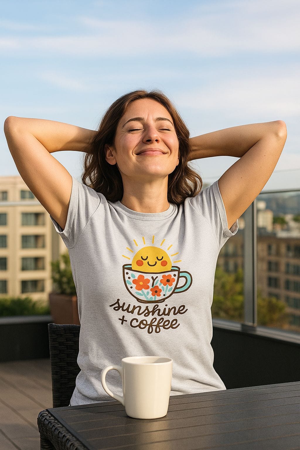 Young woman relaxes on rooftop wearing a Sunshine And Coffee T-Shirt, featuring a smiling sun graphic. A white coffee mug sits on the table.