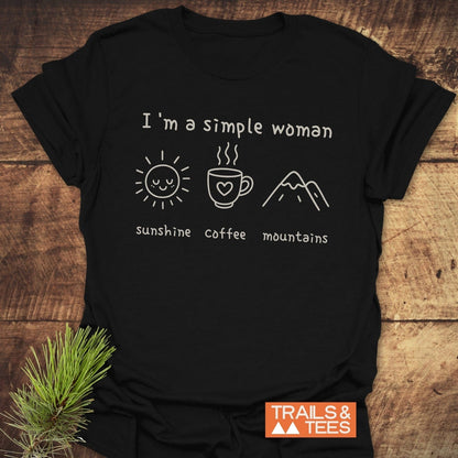 I'm A Simple Woman - Sunshine Coffee Mountains T-Shirt featuring white text and a mountain line drawing on an active black shirt.