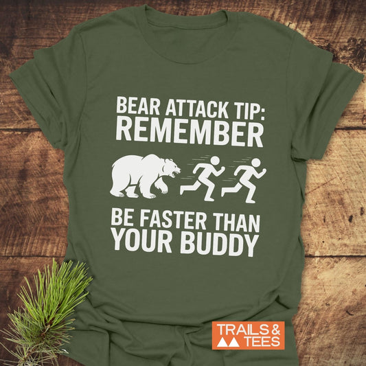Bear Attack Tip Be Fast T-Shirt featuring a white bear design, emphasizing active wear qualities with clear text and close-up details of the fabric.