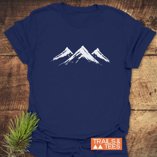Three Mountains T-Shirt featuring a close-up of a top with white mountain designs, capturing the essence of an activewear t-shirt.