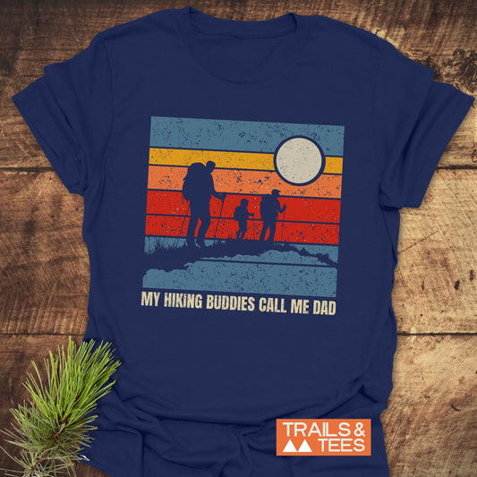 T-shirt featuring My Hiking Buddies Call Me Dad text with a silhouette of a person and group hiking, ideal for outdoor enthusiasts.