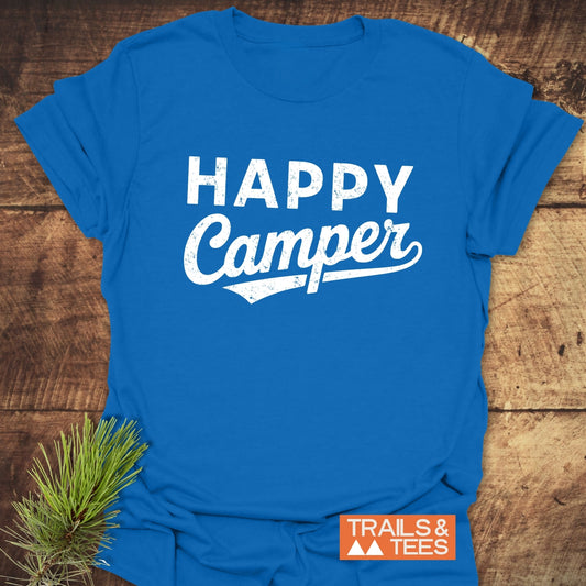 Happy Camper T-Shirt featuring bold white letter design, ideal for active wear. Perfect for outdoor enthusiasts seeking comfort and style in their clothing.
