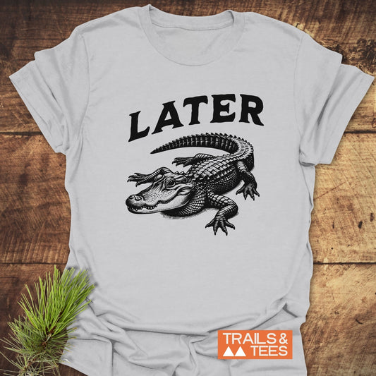 Later Alligator T-Shirt with a black and white crocodile drawing on a white shirt, crafted from soft, lightweight, ring-spun cotton for everyday adventure.
