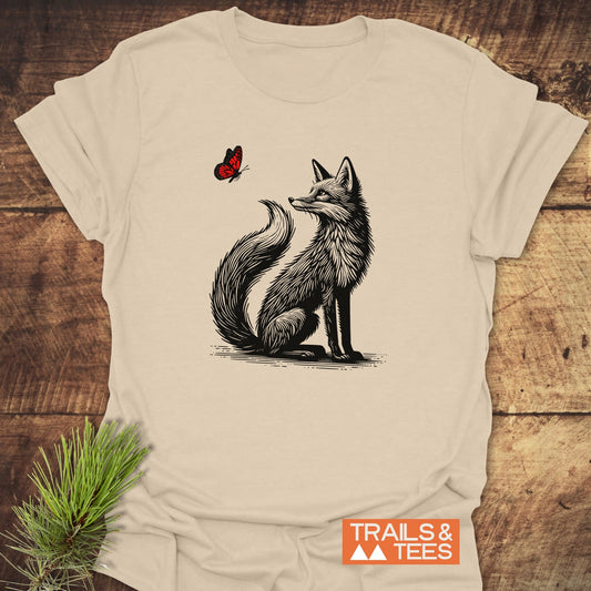 Fox And Butterfly T-Shirt featuring a detailed black and white drawing of a fox interacting with a butterfly, perfect for casual, active wear.