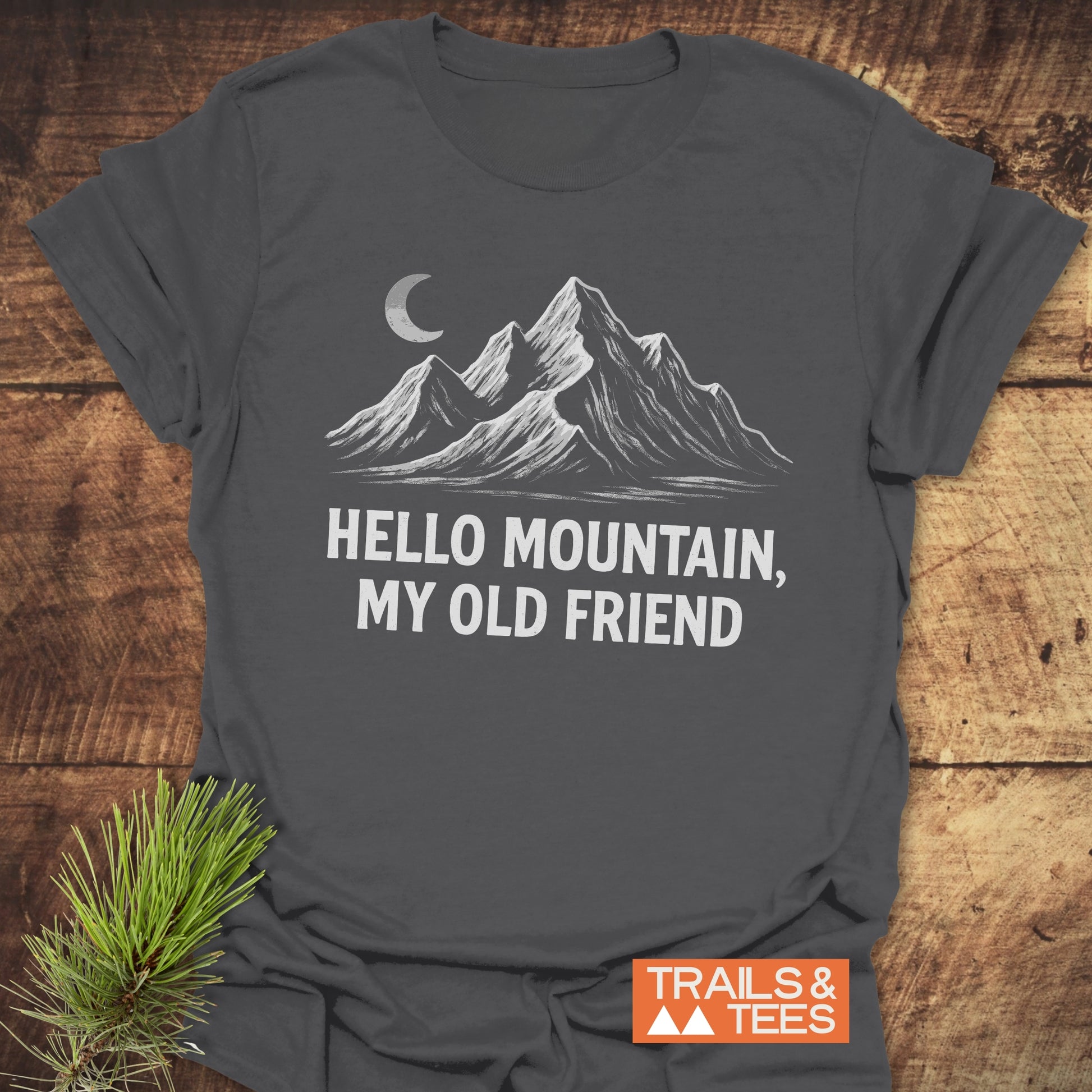 Hello Mountain, My Old Friend T-Shirt featuring a moon and mountains design, crafted from soft ring-spun cotton for comfort and durability, ideal for outdoor enthusiasts.