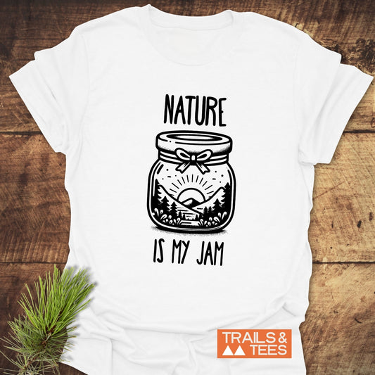 Nature Is My Jam T-Shirt, featuring a black and white jar drawing, crafted from soft ring-spun cotton, ideal for outdoor enthusiasts seeking comfort and durability.