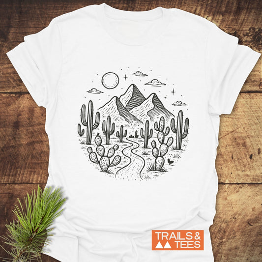 Desert Night T-Shirt featuring mountain and desert drawings, crafted from soft cotton for adventure-ready comfort, with durable prints and a reliable fit.