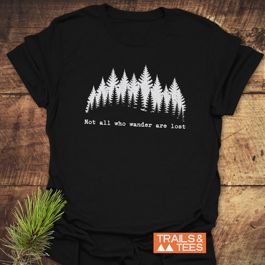 Not All Who Wander T-Shirt featuring white tree design, crafted from soft ring-spun cotton for comfort and durability, perfect for outdoor enthusiasts.