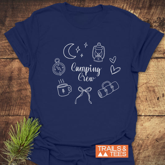 Camping Crew T-Shirt featuring a white compass and bow design, perfect for outdoor enthusiasts. Comfortable active shirt ideal for camping adventures.