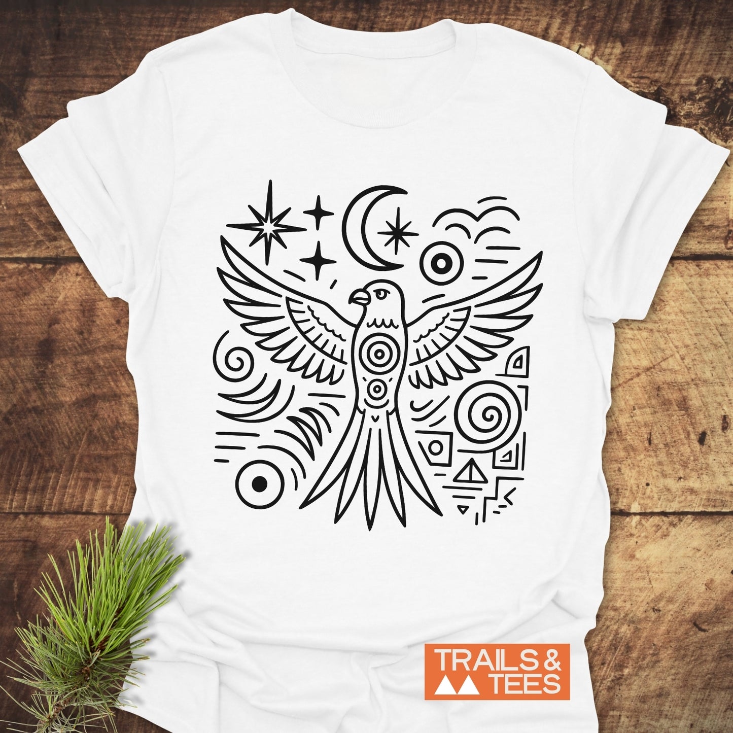 Mystic Eagle T-Shirt featuring a detailed bird design on lightweight, ring-spun cotton. Ideal for outdoor enthusiasts, offering durability and comfort with pre-shrunk fit and lasting prints.