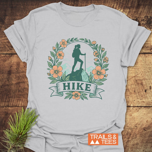 HIKE Flower T-Shirt close-up, showcasing its soft, lightweight ring-spun cotton fabric and durable DTF floral print, ideal for everyday outdoor adventures.