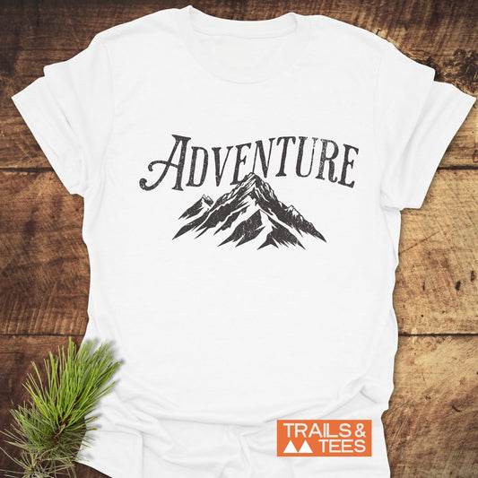 Adventure Vintage T-Shirt featuring a mountain logo, crafted from lightweight ring-spun cotton, offering trail-tested comfort and durability with pre-shrunk fit and durable prints.