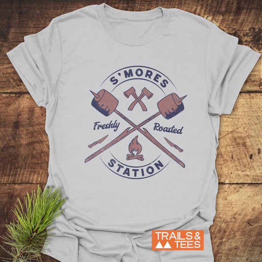 S'mores Station T-Shirt featuring a durable logo, designed for comfort with lightweight ring-spun cotton, perfect for outdoor adventures and everyday wear.