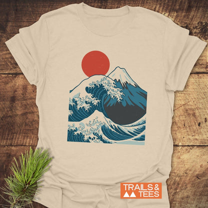 Mountain And Wave T-Shirt featuring a mountain and wave graphic with a red sun, crafted from soft ring-spun cotton for comfort and durability.
