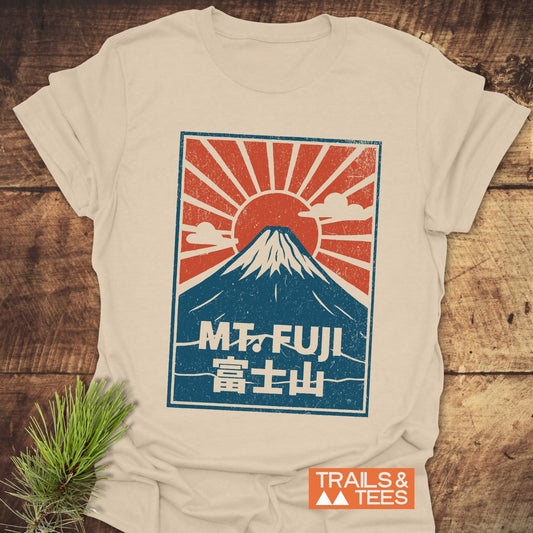 Close-up of the Mt. Fuji Vintage T-Shirt featuring a mountain and sun design, crafted from soft ring-spun cotton for comfort, perfect for outdoor enthusiasts.