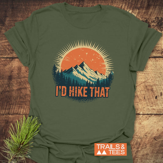 I'd Hike That T-Shirt with mountain and sun design, crafted from lightweight ring-spun cotton, ideal for outdoor enthusiasts seeking comfort and durability.
