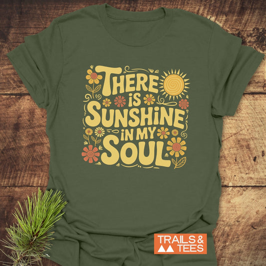 Sunshine In My Soul T-Shirt, featuring durable yellow text on a green active shirt, crafted from soft ring-spun cotton for everyday outdoor adventures.
