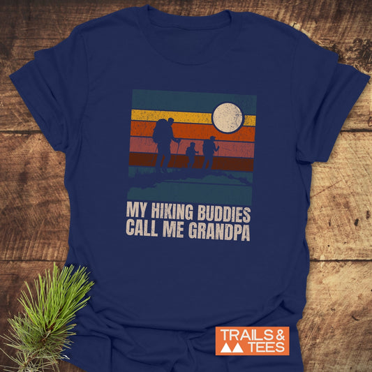 My Hiking Buddies Call Me Grandpa T-Shirt showcasing durable, pre-shrunk cotton design, perfect for outdoor adventures, with taped shoulders and no side seams for comfort.