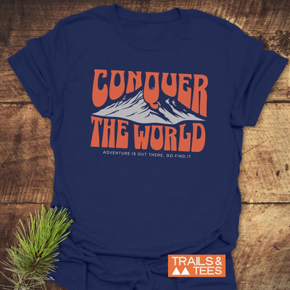 Conquer The World T-Shirt featuring bold orange text on a sleek design, perfect for active wear enthusiasts.