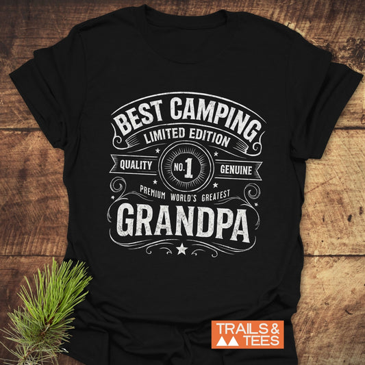 Best Camping Grandpa T-Shirt featuring durable white text on black, crafted from soft cotton for comfort, pre-shrunk, with taped shoulders for shape retention.
