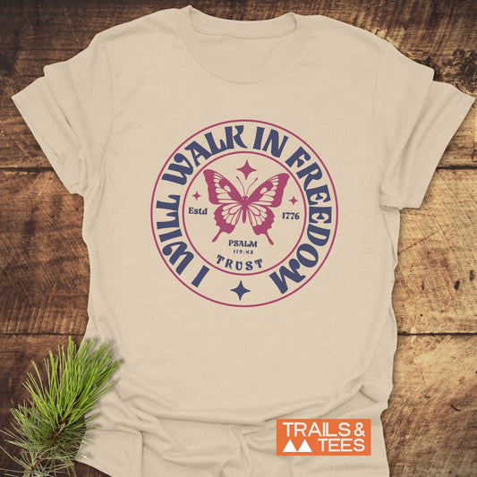 Walk In Freedom T-Shirt featuring a butterfly design, crafted from soft ring-spun cotton with durable DTF prints, perfect for outdoor adventures.