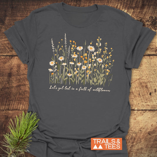 Close-up of 'Lets Get Lost In A Field Of Wildflowers T-Shirt', featuring durable flower prints on a soft, lightweight active shirt.