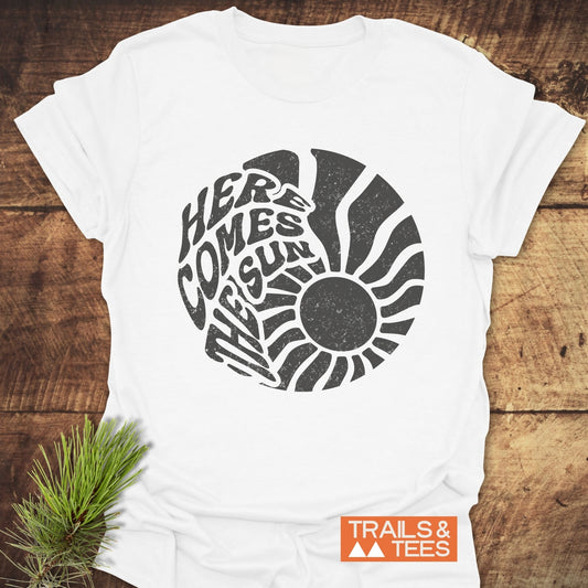 Here Comes The Sun T-Shirt featuring a graphic design, crafted from soft ring-spun cotton for comfort and durability, ideal for outdoor adventures.