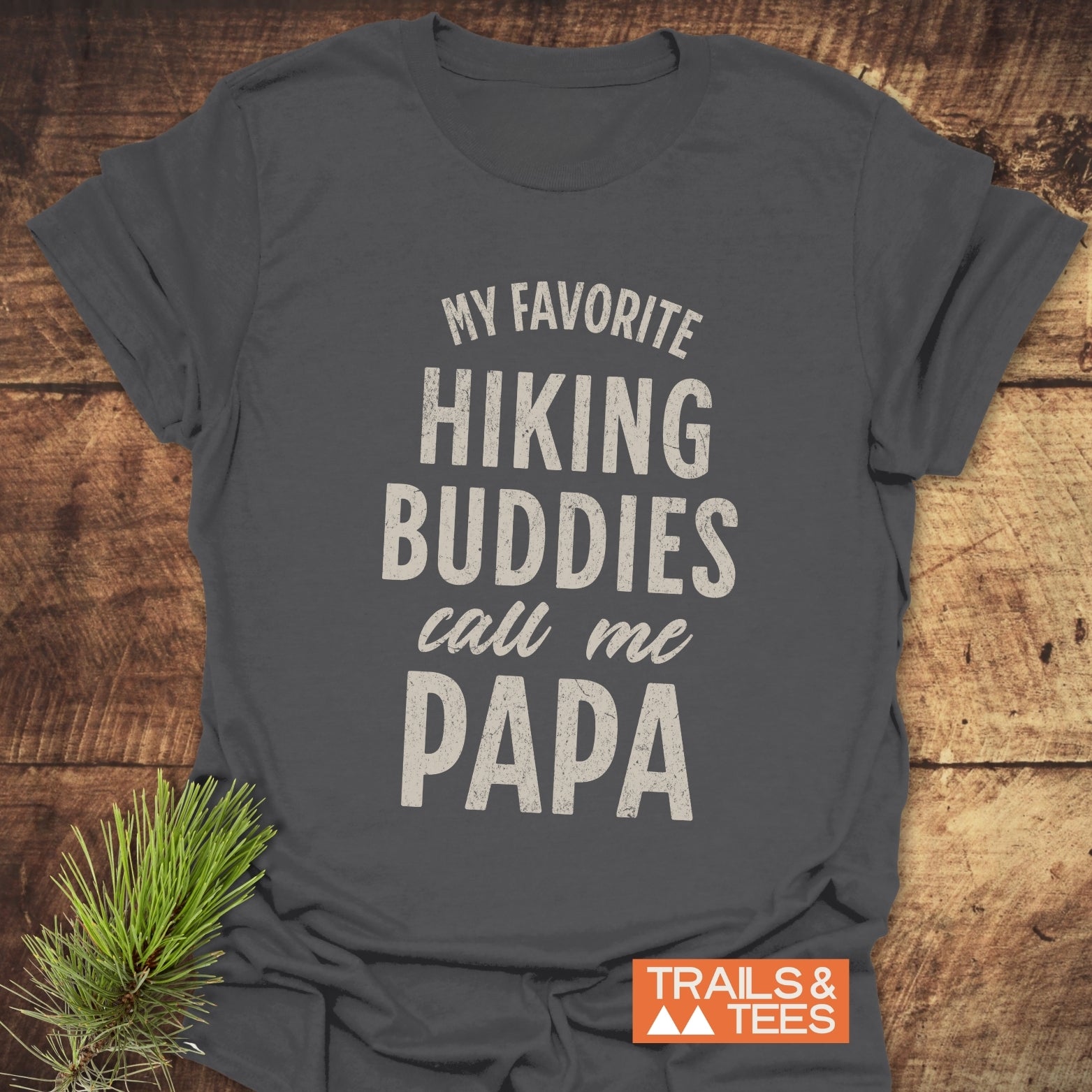 Papa Hiking T-Shirt with white text, crafted from soft, lightweight cotton. Features durable prints and no side seams, ideal for outdoor adventures.