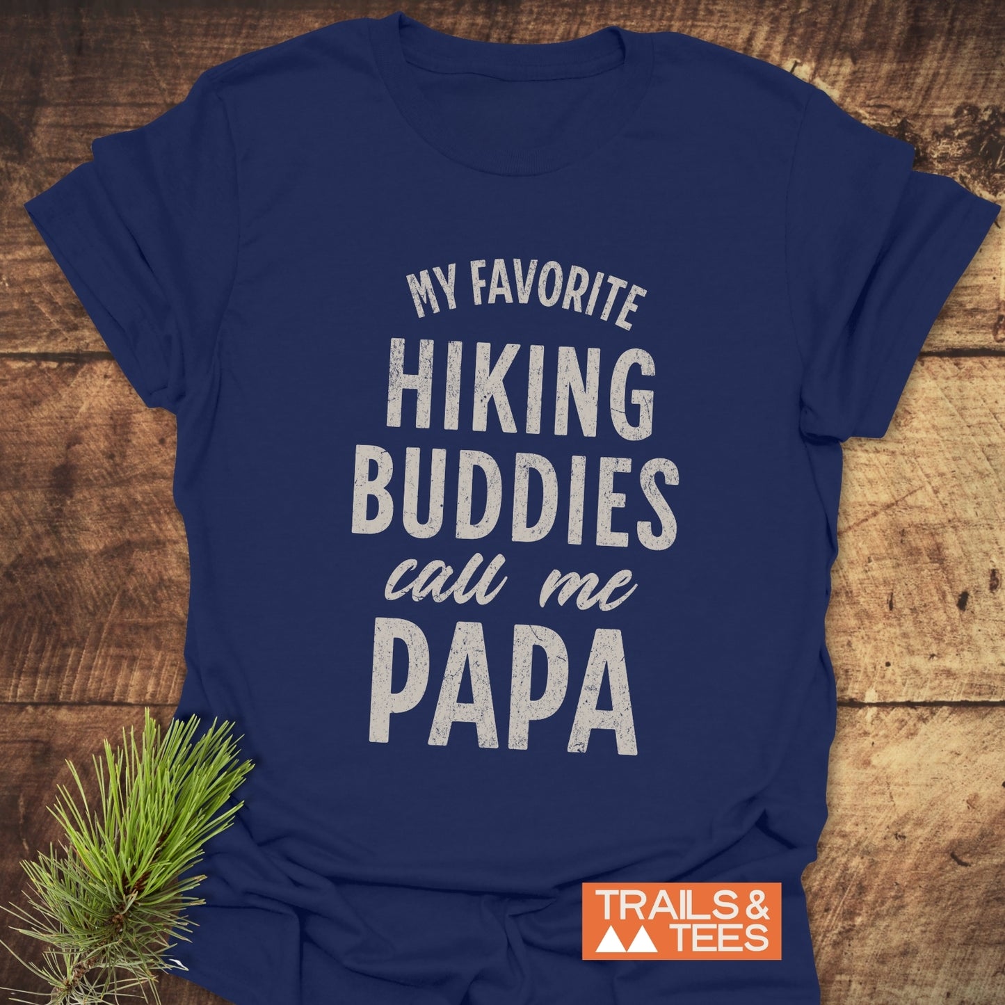 Papa Hiking T-Shirt showcasing durable white text on a blue active shirt, designed for outdoor adventures with pre-shrunk, soft ring-spun cotton and no side seams.