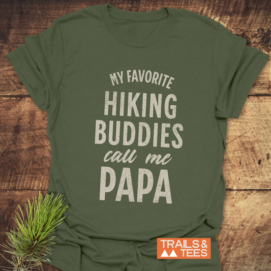 Papa Hiking T-Shirt featuring durable white text on a green background, crafted from soft ring-spun cotton for comfort and outdoor adventures.