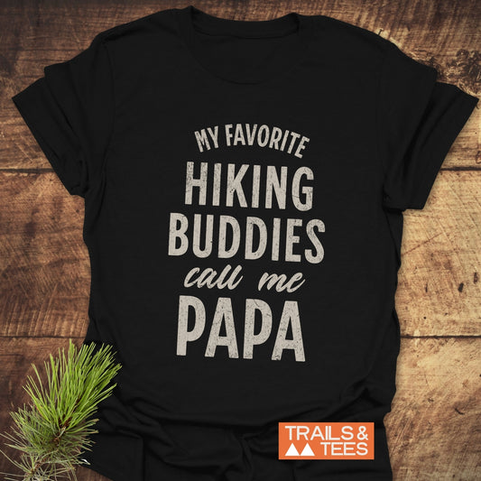 Papa Hiking T-Shirt featuring durable white text on soft, lightweight ring-spun cotton, designed for comfort and outdoor adventures. Pre-shrunk with taped shoulders for lasting shape.