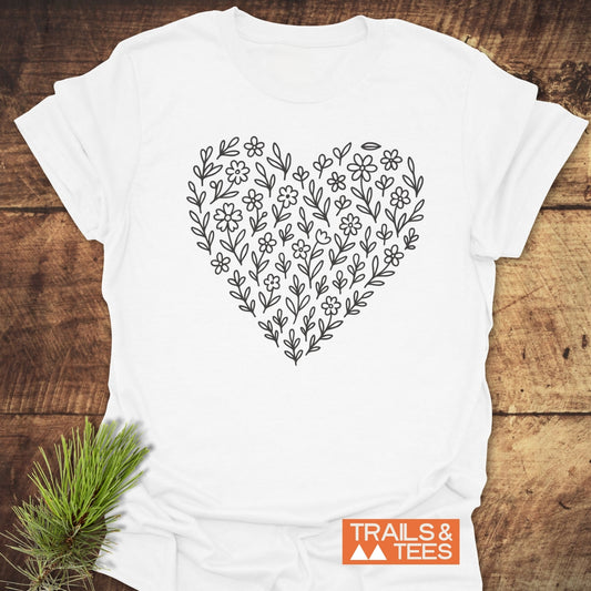 Flower Heart T-Shirt featuring a heart design, crafted from soft ring-spun cotton, offering comfort and durability for outdoor adventures.