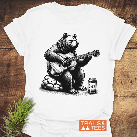 Bear Playing Guitar T-Shirt featuring a detailed black and white drawing of a bear strumming a guitar, perfect for casual and active wear.
